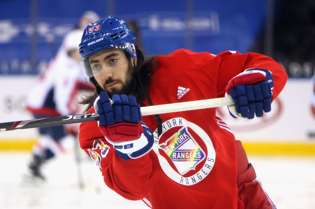 Mika Zibanejad #93 of the New York Rangers skates in 'Pride Night' jersey